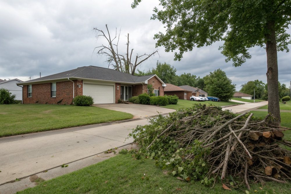 A neat pile of freshly cut limbs and leafy brush on the grass beside a concrete driveway