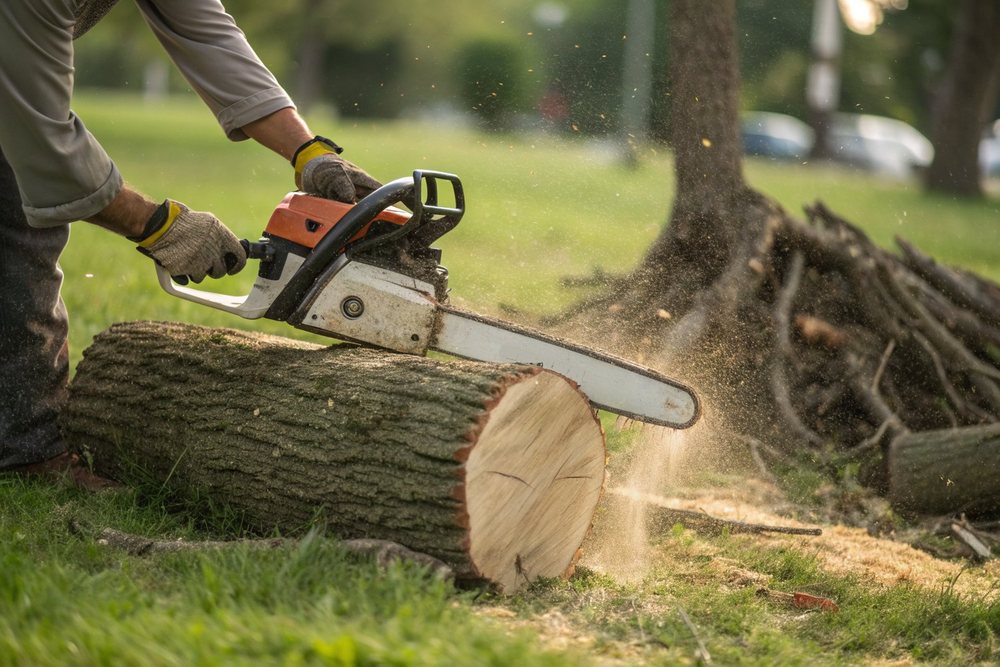 A chainsaw bar buried in a cut through a thick oak trunk, sawdust spraying from the kerf