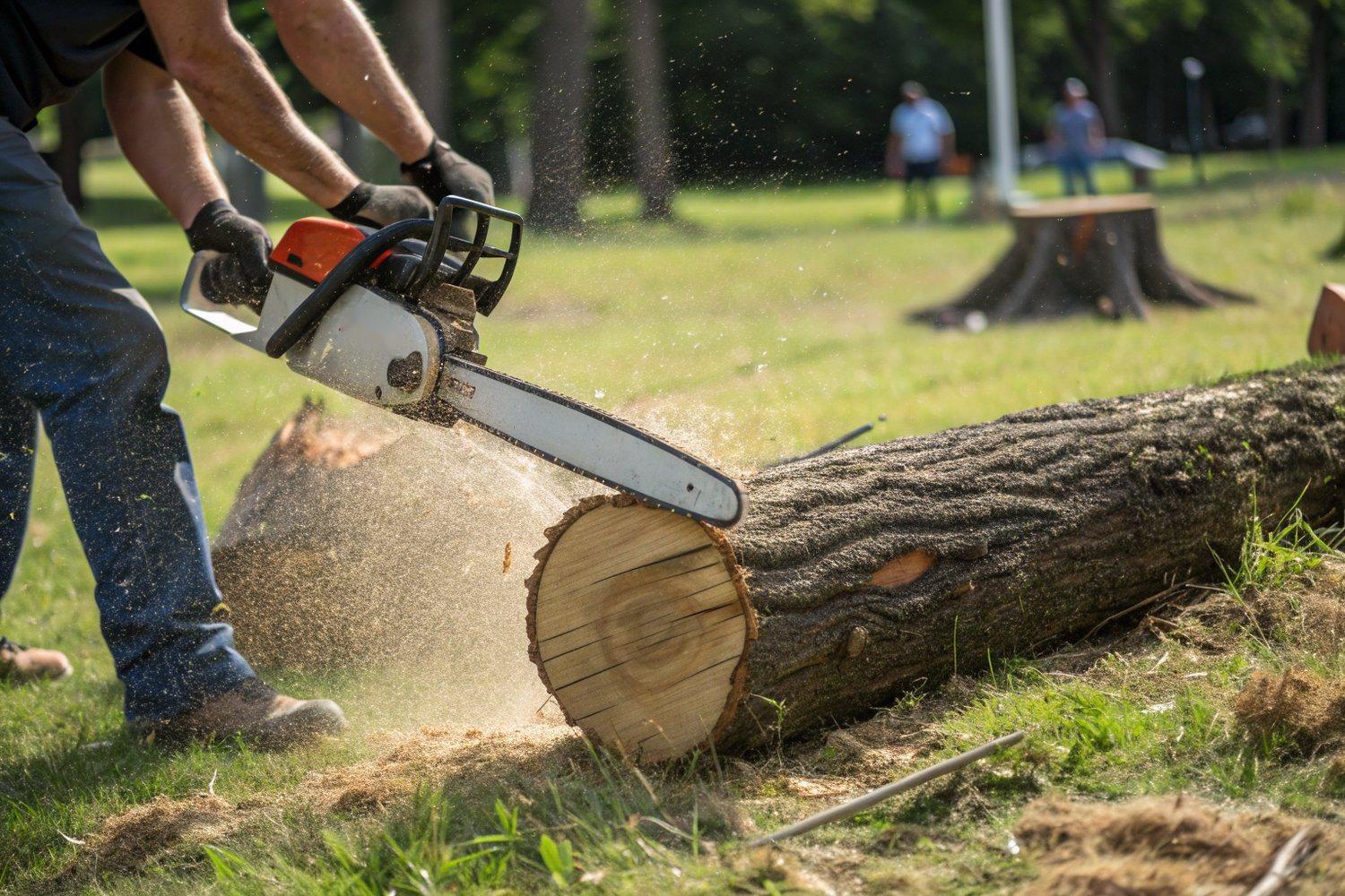 A chainsaw bar cutting through a felled hardwood trunk on the grass, sawdust spraying