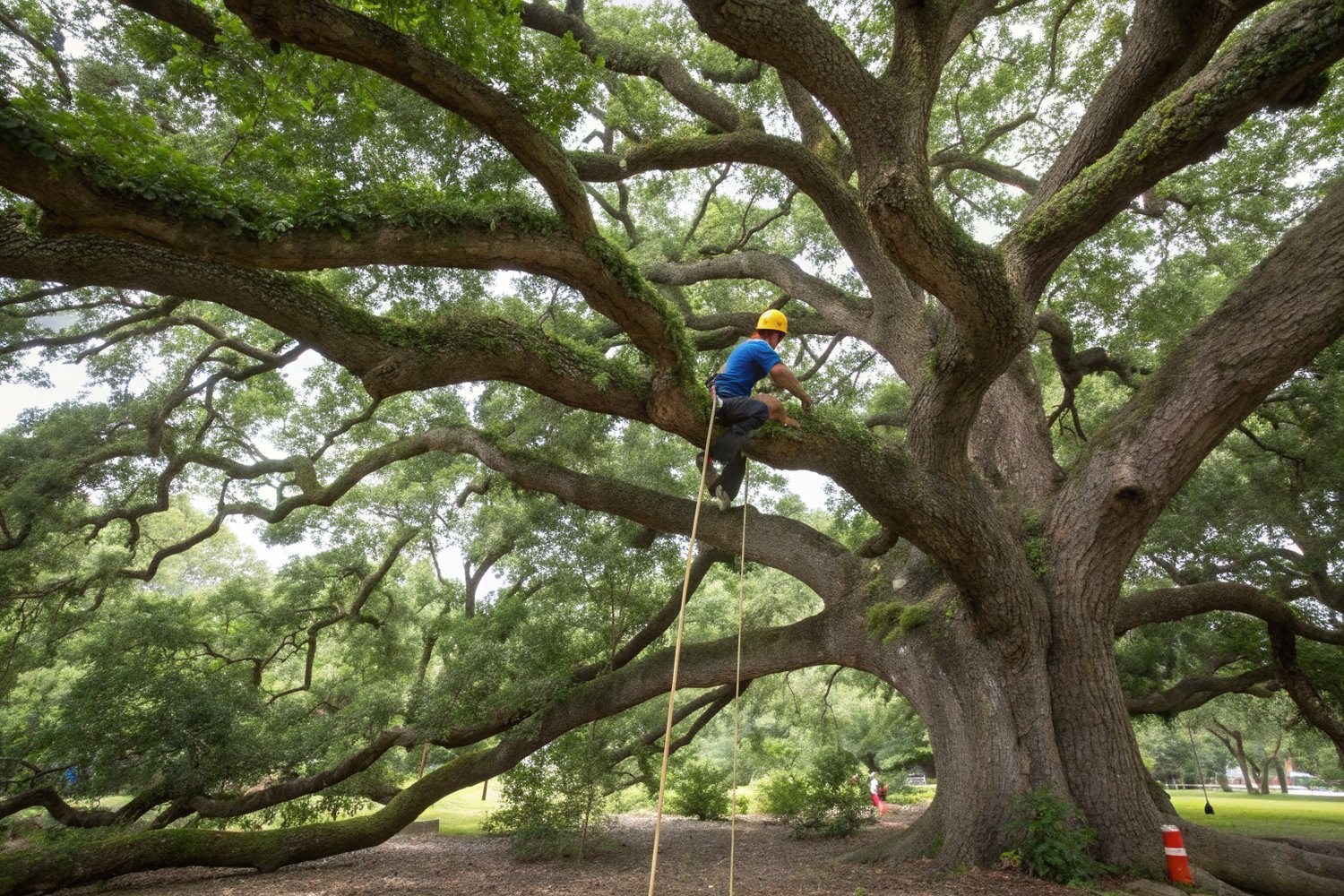 A small distant tree climber on ropes in the huge spreading crown of a mature oak