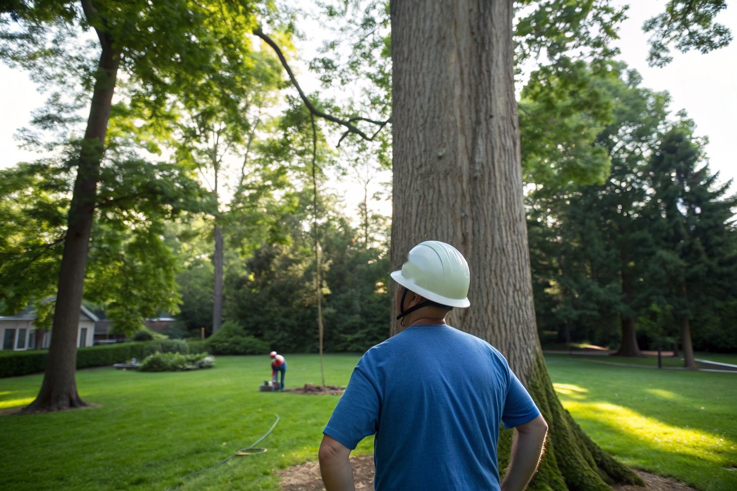 A worker in a white hard hat, seen from behind, looking up at a very tall tulip poplar in a backyard