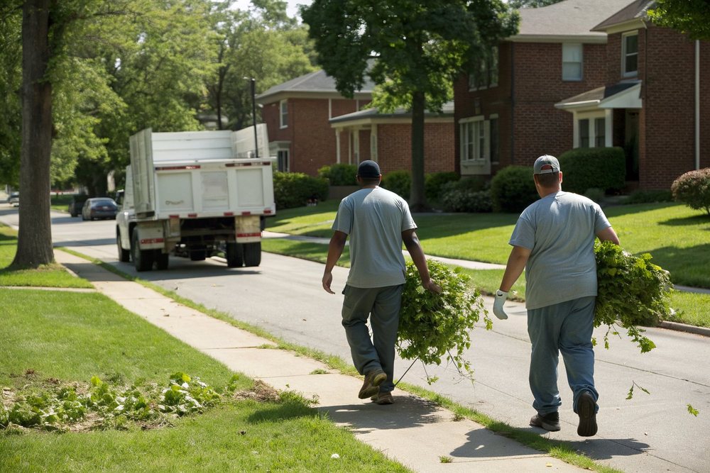 Two workers seen from behind carrying armloads of cut brush across a lawn toward a truck