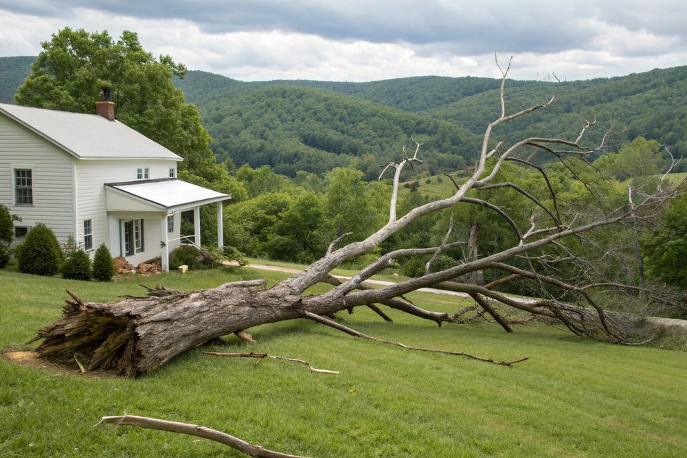A large dead tree fallen across the grassy yard of a rural home, wooded ridges behind