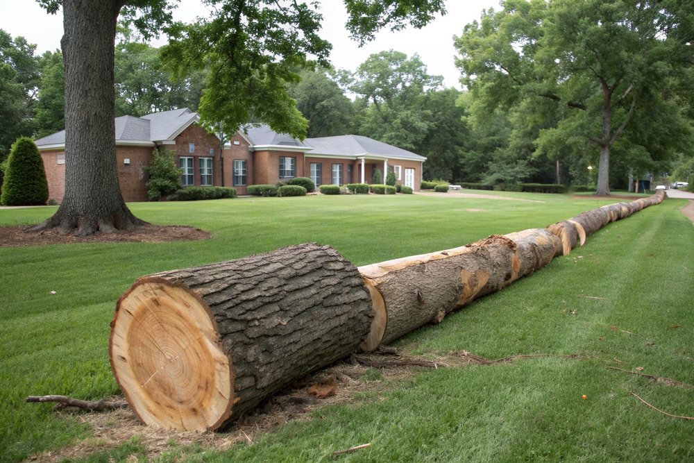 Round sections of a felled oak trunk lying in a row on a mowed lawn