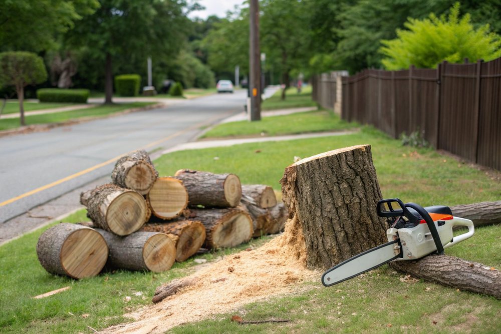A chainsaw resting on a pile of freshly cut hardwood logs beside a fresh stump at the edge of a street