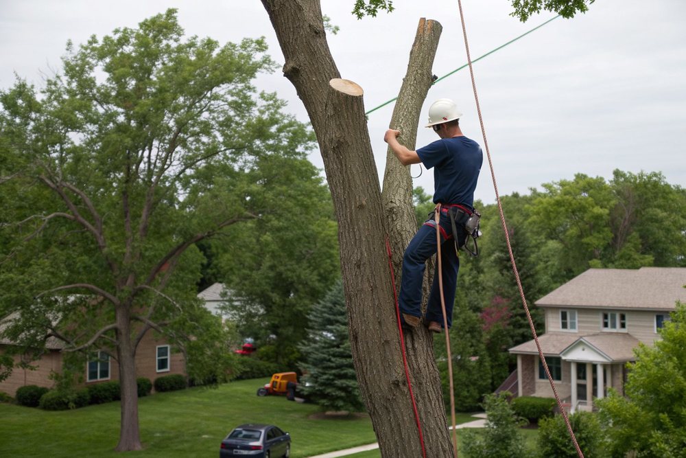 A climber on rigging ropes high on a bare hardwood trunk, lowering a cut log section toward a suburban lawn