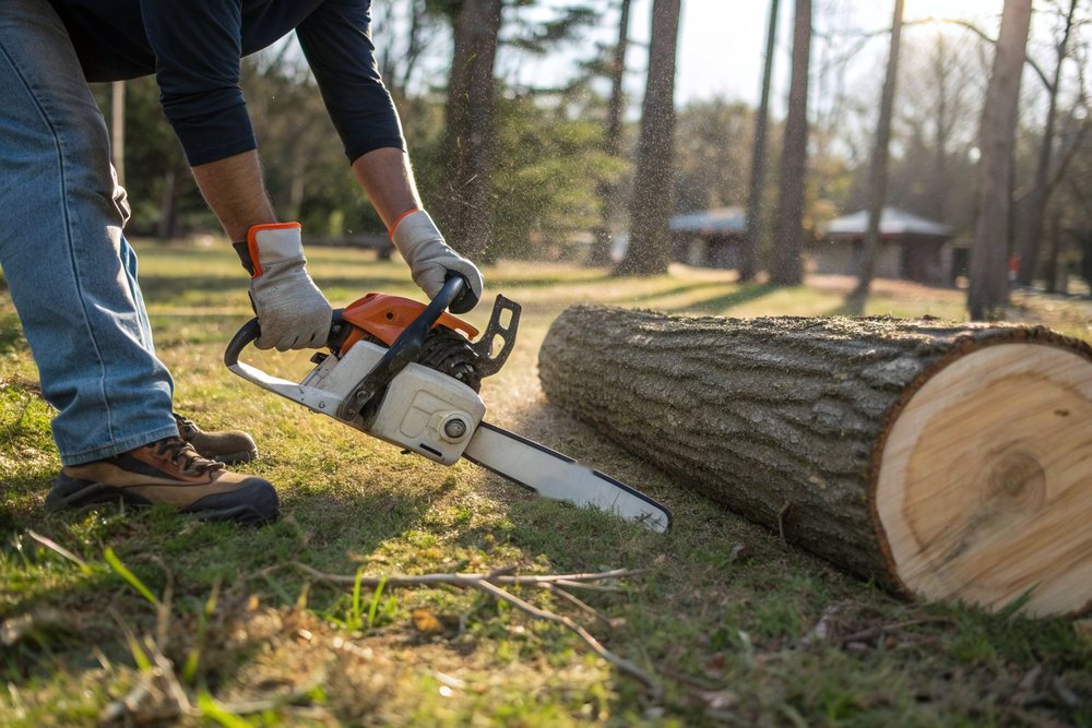 Gloved hands gripping a chainsaw beside a large felled trunk lying on the grass