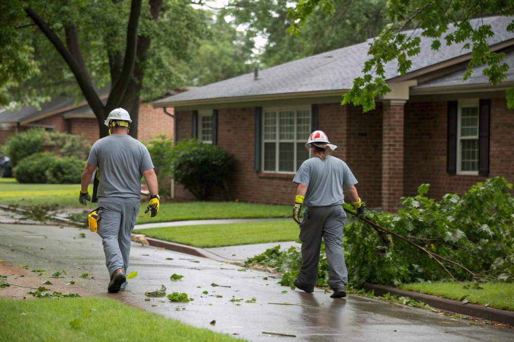 Two workers dragging broken oak limbs across a wet front lawn after a thunderstorm