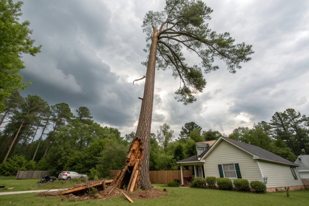 A tall pine split and splintered near its base after a storm, at the edge of a backyard
