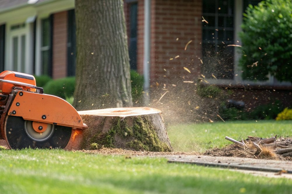 An orange stump grinder cutting into a stump in a green lawn, wood chips flying, a brick house blurred behind