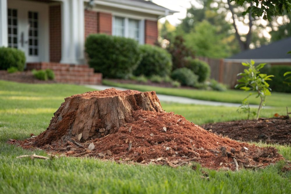 A mound of fresh reddish-brown stump grindings in a lawn beside a brick foundation