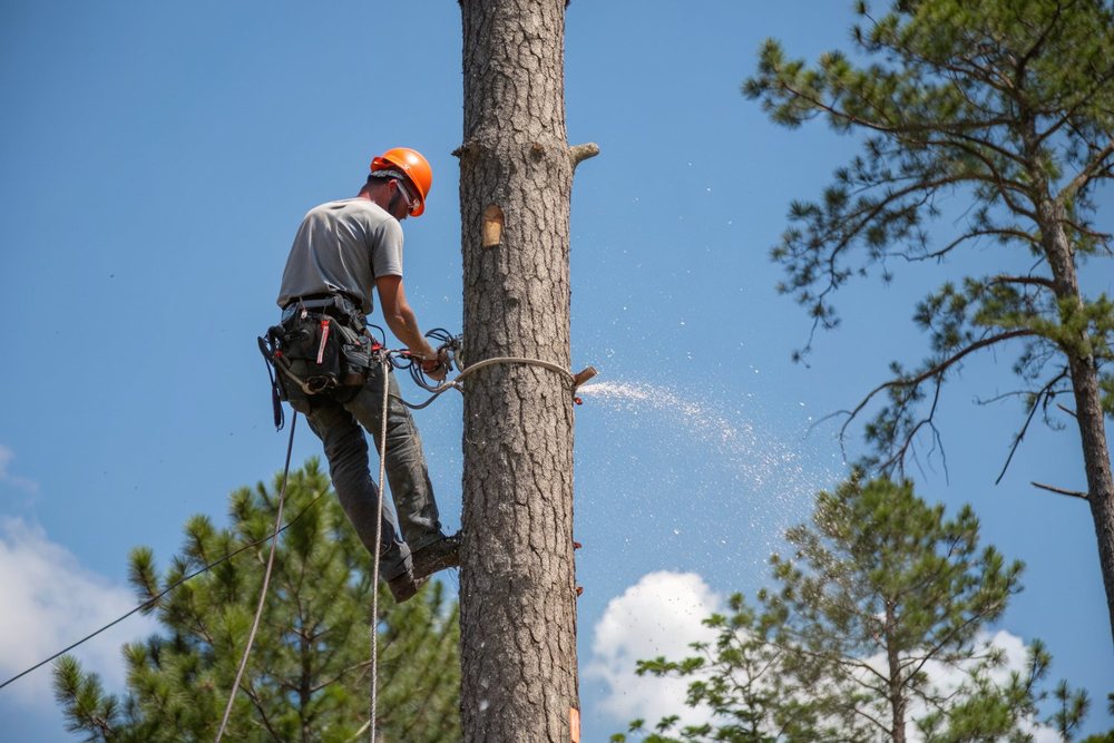 A climber roped near the top of a tall pine trunk, sawdust flying against a blue sky