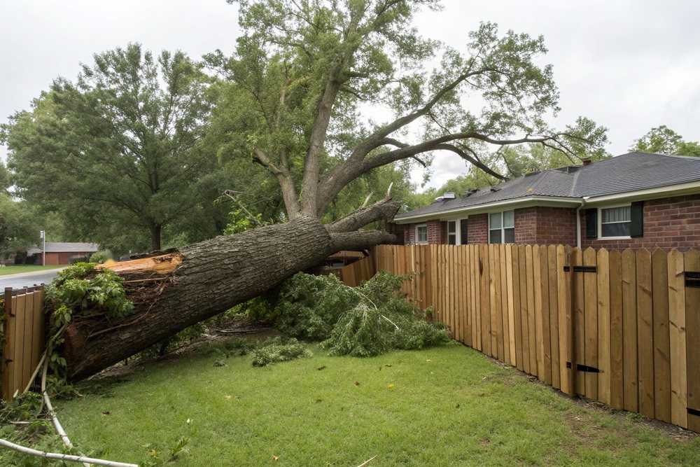 A large oak blown over across a wooden privacy fence in a backyard under an overcast sky