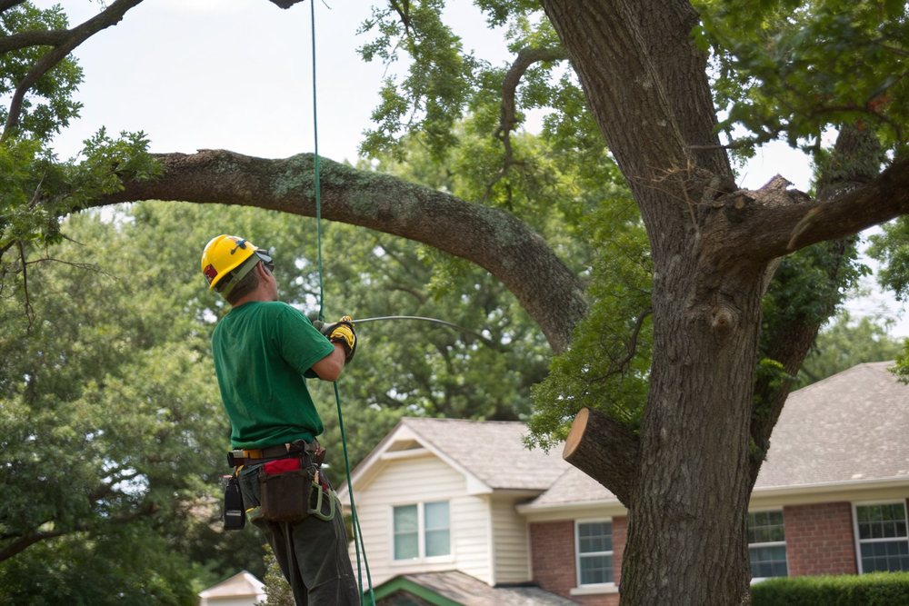 A tree worker in a harness high in an oak canopy, cutting a limb over a quiet residential street