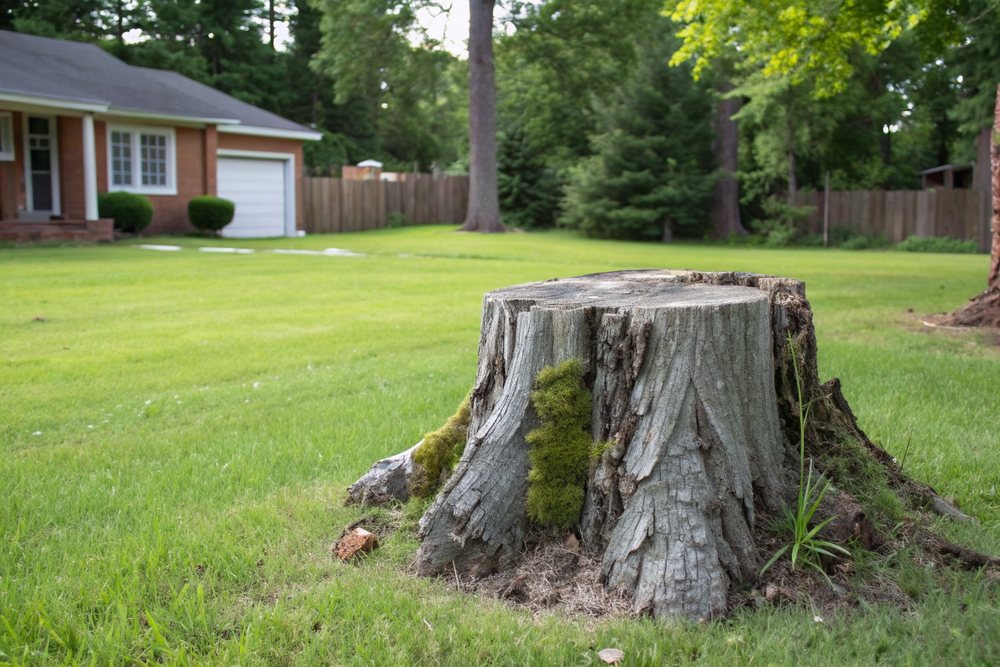 An old grey weathered stump with cracked wood in a freshly mowed lawn