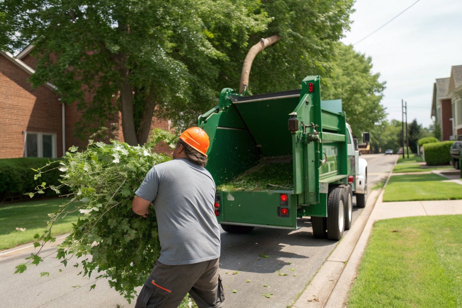 A worker seen from behind pushing a leafy limb into a green chip box at the curb of a residential street